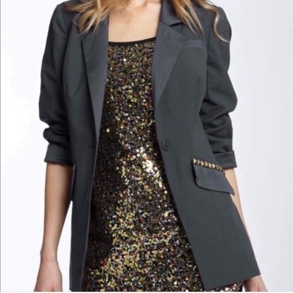 FREE PEOPLE Womens Gray Gold Studded Pocket Blazer Coat Size 4 - Picture 8 of 9